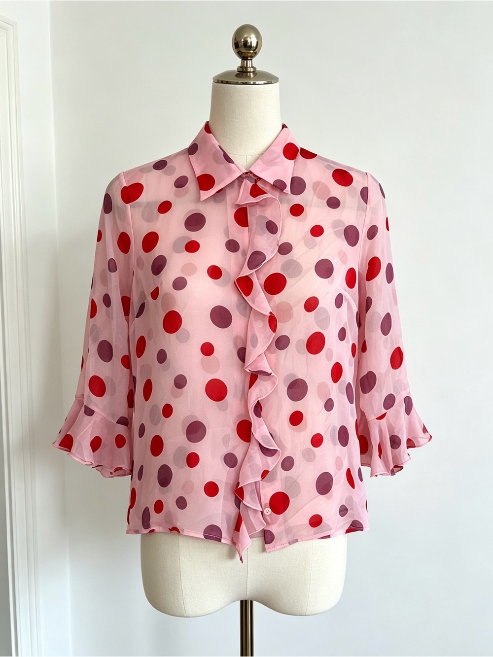 Vintage TENAX Italy 100% Silk Pink Blouse Ruffle Front 3/4 Flare Sleeve Shirt